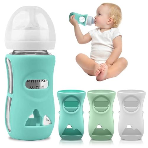 Silicone Avent Glass Bottle Sleeve, Anti Breakage & Scratch-Proof, Protect Philips Avent Glass Bottles, Compatible with Philips Avent Glass Natural Baby Bottle 8 oz, BPA Free (White+Blue+Green)