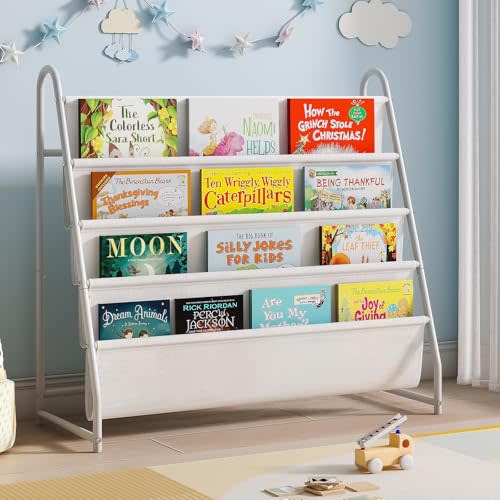 Tatub Kids Bookshelf with 4 Tier Deep Sleeves, Children Montessori Bookshelf Sling Storage Book Rock, Toddler Front Facing Display Book Shelf for Playroom Nursery Bedroom Classroom