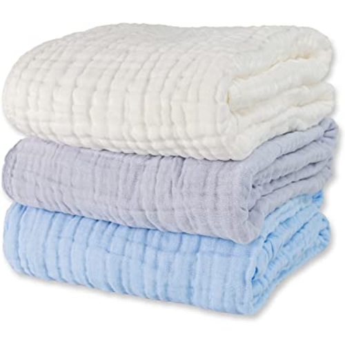 Muslin Baby Bath Towels Set 3 Pack Ultra Soft and Absorbent Baby Towels Infant Toddler Blanket Towel 6-Layer Natural Cotton Towel Suitable for Girl Boy 40x40 inches (White&Blue&Grey)