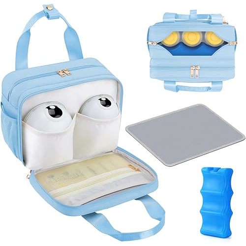 PIIOSER Breastmilk Cooler Bag with Ice Pack, Compatible with Wearable Breast Pumps & Accessories - Portable Pumps Carrying Case for Nursing & Working Moms, Blue