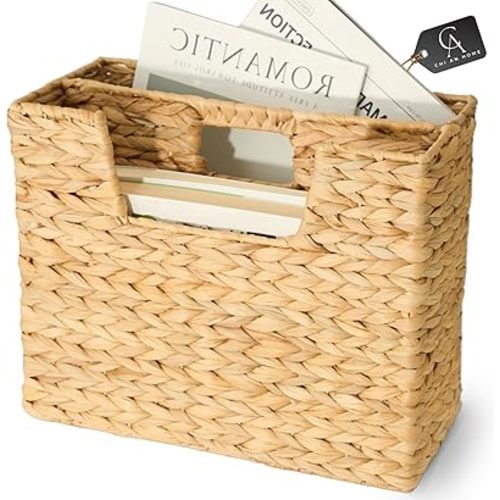 CHI AN HOME Wicker Magazine Basket, Handwoven Water Hyacinth Storage Bin & Organizer for Files, Books, Newspapers, Documents, Decorative Storage Bin with Handle for Office, Living Room, Dorm, Bathroom