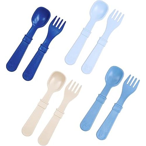 Re-Play Toddler Forks and Spoons Set - 4x4 Utensils Set for Kids - Dishwasher and Microwave Safe - Made in USA - Set of 8-5.8" x 1.2" x 0.2" - Cool Blues