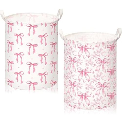 CroBlissful 2 Pcs Pink Bow Laundry Basket Coquette Storage Basket for Girls Teen Nursery Hamper with Handles Foldable Waterproof Collapsible Storage Bin Organizer for College Dorms Bathroom