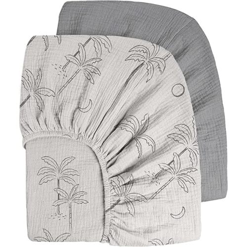 Bearmoss Muslin Crib Sheets 100% Cotton Baby Crib Sheets Fitted for Standard Crib Mattress & Toddler Bed Mattress 52"x28" Soft Breathable Crib Sheets Neutral for Boys Girls - 2 Pack (Coconut Trees)