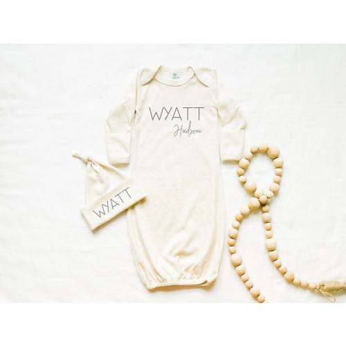 Baby Boy Girl Personalized Coming Home Outfit, Unisex Baby Gown Set with Name, Baby Sleeper Gown with Name, Knot Hat, Hospital Baby Outfit