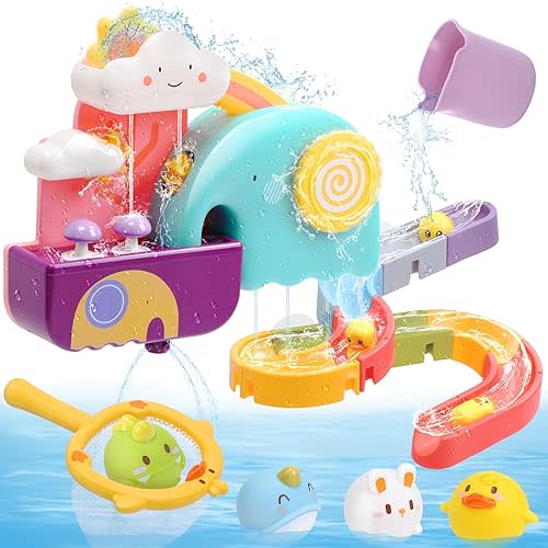 CUTE STONE Jouets de bain pour bébé, jouet de baignoire avec piste de construction de toboggan d'eau, jouets flottants sans trou, filet de pêche en forme de canard, jouets de douche pour tout-petits,