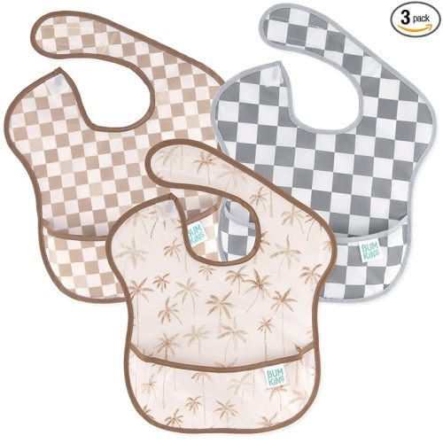 Bumkins Bibs for Girl or Boy, SuperBib Baby and Toddler for 6-24 Months, Essential Must Have for Eating, Feeding, Baby Led Weaning Supplies, Mess Saving Catch Food, 3-pk Palms and Checks
