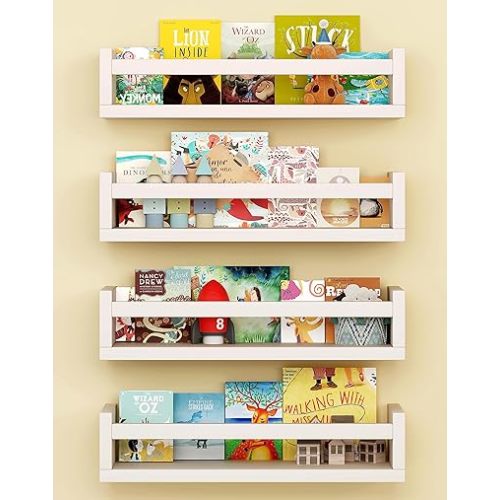 Set of 4 Wall-Mounted Kid's Bookshelf - White Floating Nursery Book Shelves - Durable Wood Construction - Ideal for Nursery Decor, Kids Room, Toy Storage