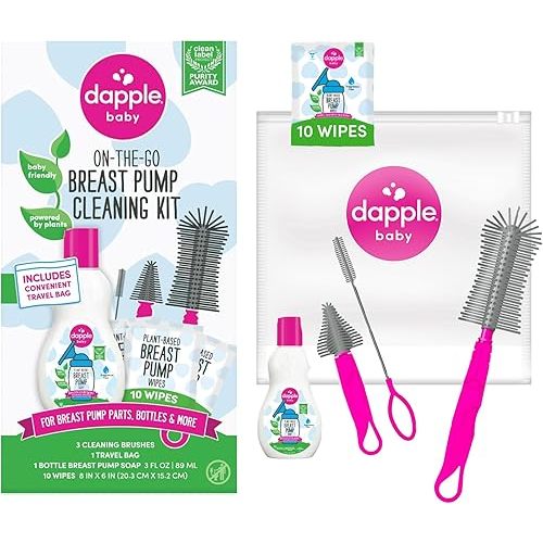 Dapple Breast Pump Cleaning Kit, 3 Baby Bottle Cleaning Brushes, Hypoallergenic & Powered by Plants, Removes Milk Residue, Leaves No Taste, 3oz Soap, 10ct Wipes 3 Cleaning Brushes