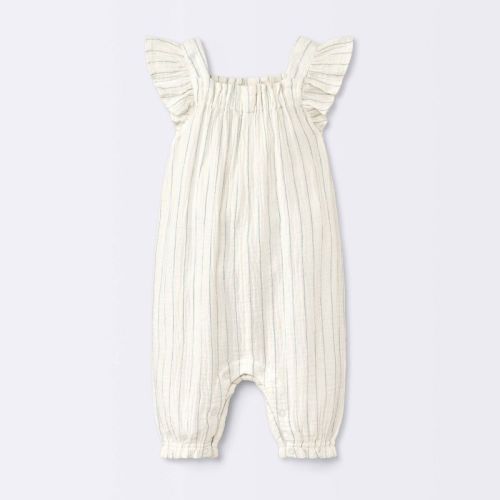 Baby Girls' Striped Gauze Long Legged Romper - Cloud Island™ Cream Newborn