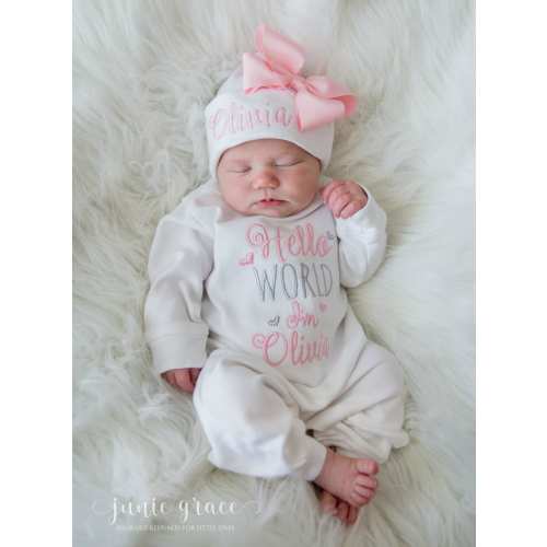 Baby Girl Coming Home Outfit Baby Girl Clothes Personalized Baby Girl Gift Hello World Outfit Newborn Girl Clothes Newborn Girl Hat