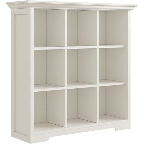 Wooden Cube Shelf Bookcase - Modern 3 Tiers Floorstanding Open Bookshelf with Base for Home and Office, 9 Cubes Storage Cabinet, Warm White