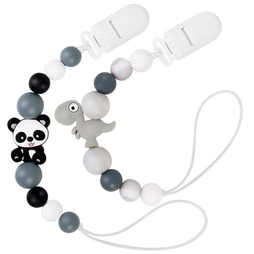 Pacifier Clip Holder, Silicone Teether Clip Toy, Baby Pacifier Soothie with Clip for Baby - 2 Pack, Black Grey