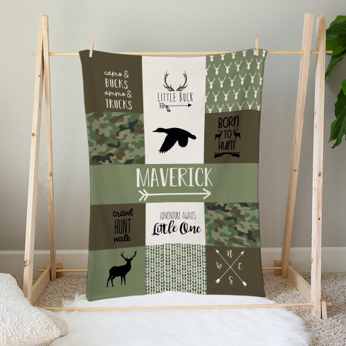 Green Camo Woodland Themed Blanket Customized with Name for Baby's and Toddlers, 30x40in Crib/Toddler