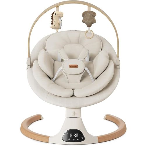 Baby Swings for Infants, Monamii Baby Swing, Bluetooth Infant Swing with Music Speaker, 5 Speeds and Remote Control, Indoor & Outdoor Use (Beige)