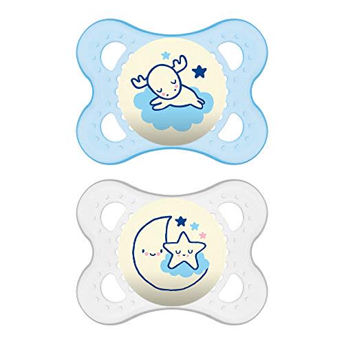 MAM Night Pacifiers (2 Pack, 1 Sterilizing Pacifier Case), MAM Pacifiers 0-6 Months, Best Pacifier for Breastfed Babies, Glow in the Dark Pacifier, Baby Boy Pacifier