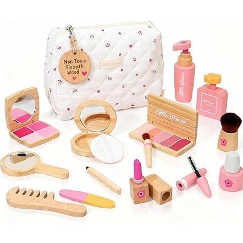 Wooden Pretend Makeup Kit for Toddlers: Non Toxic Mess Free Play Makeup Toy Set for 2 3 4 Year Old Girls - Perfect Toddler Montessori Toys Christmas Birthday Gift Ideas