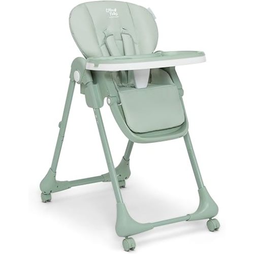 Little Folks by Delta Children 2-in-1 SlimFold High Chair for Babies and Toddlers Grows with Baby, Adjustable Height, Quick Clean - Dishwasher Safe Tray, Easy Push Wheels, Compact Fold, Sage Green