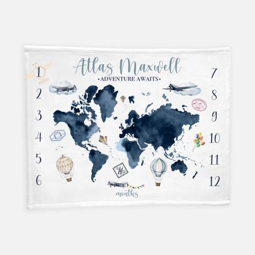 World Map Baby Milestone Blanket, Adventure Awaits Blanket, Monthly Baby Blanket, World Milestone Blanket, Baby Adventure, Travel Baby T1