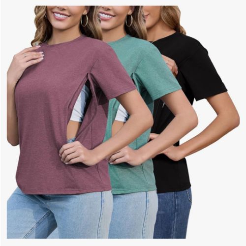 Ecavus Women's 3-Pack Nursing Shirts for Breastfeeding with Hidden Zippers Loose Fit Maternity Tops