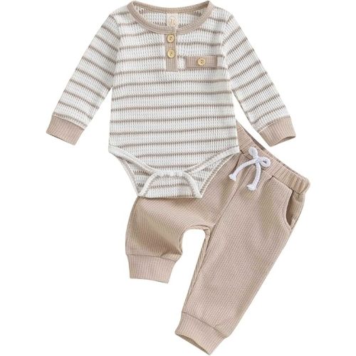 Newborn Baby Boy Clothes Pants Outfits Toddler Striped Long Sleeve Romper Bodysuit Set Soft 2025 Fall Winter Outfit