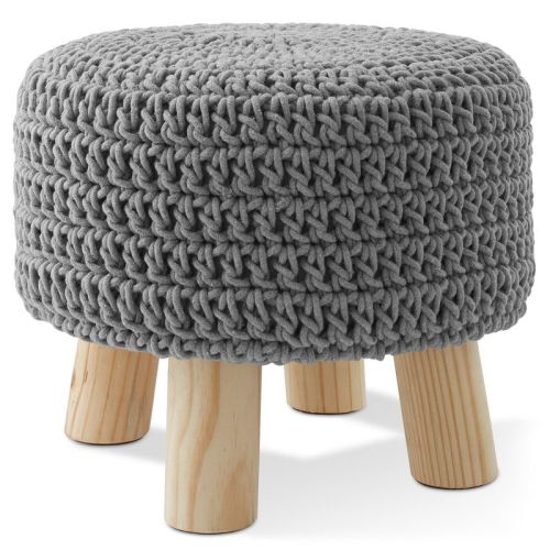 Hand-Knitted Cotton Pouf Ottoman Footstool, 13" Round x 11" High, Compact Boho Accent Footrest for Living Room and Bedroom, Light Gray