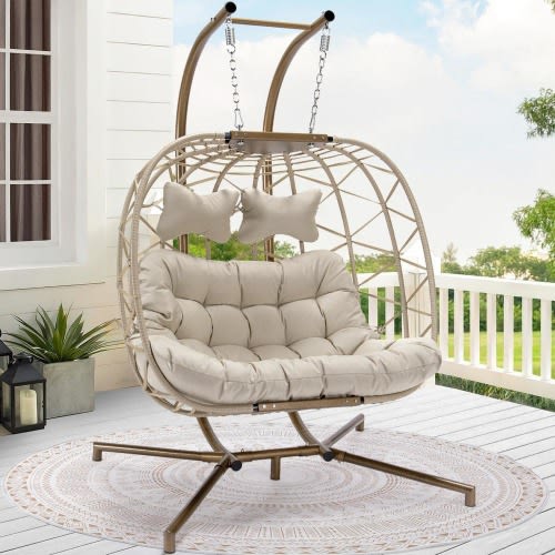 Large 2 Person 510 lbs. Beige Wicker Double Swing Egg Chair with Gold Stand and Beige Cushions