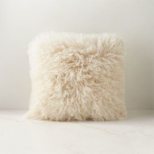 Warm White Mongolian Sheepskin Fur Throw Pillow with Down-Alternative Insert 16''x16"