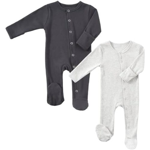 KISBINI Baby Footed Pajamas with Mitten Cuffs Unisex Cotton Snap-up Romper Jumpsuit Sleep and Play 0-12 Months Footies