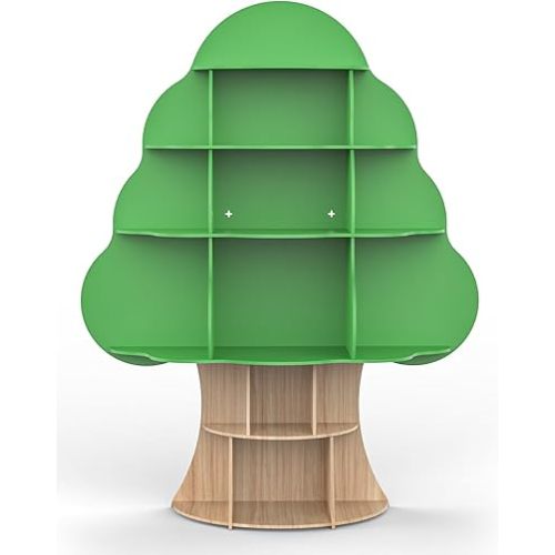 Tree Kids Bookshelf, Toddler Wood Bookcase, 16-Cubby Children Toy Storage Organizer Book Shelf for Kids Rooms, Nursery, Bedroom, Living Room, Classroom, Boy Girl’s Gift (Green Tree)