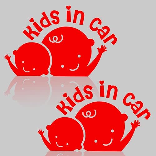 2PCS Kids in Car Sticker Decal, Baby on Board Car Decal, Baby on Board Sign for Car Safety Sign, Kids in Car Funny Vinyl Decal for Car Windows and Bumpers (Red)