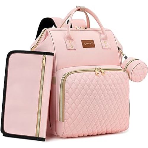 Pink Diaper Bag Backpack for Baby Girls - Baby Shower Gifts for Mom, Quilted Diaper Bag with Changing Pad, Pacifier Case, Insulated Pockets, Stroller Straps, 35L Large Capacity - Cute