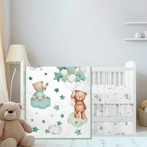 Mixweer 3 Pcs Crib Bedding Set for Boys Include Cloud Balloon Bear Theme Crib Sheets, Crib Skirt, Comforter for Boys Girls Baby Nursery Mini Crib Bedding Set