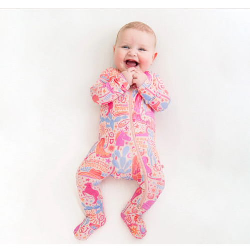 Saddle Up | Bamboo Footie Onesie Sleeper | "I Love Our Time Together" | Thermo-Regulating, Double Zipper, 4-Way Stretch | Raising Mama