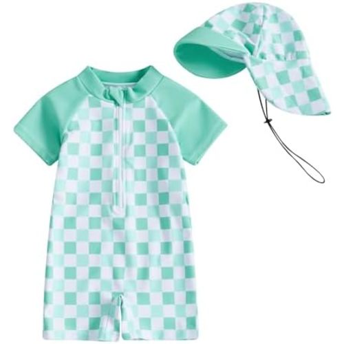 Baby Boy Girl Swimsuit Toddler Checkered Print Half Zip One Piece Bathing Suit Swimsuit Rash Guard Surfing Suit Hat