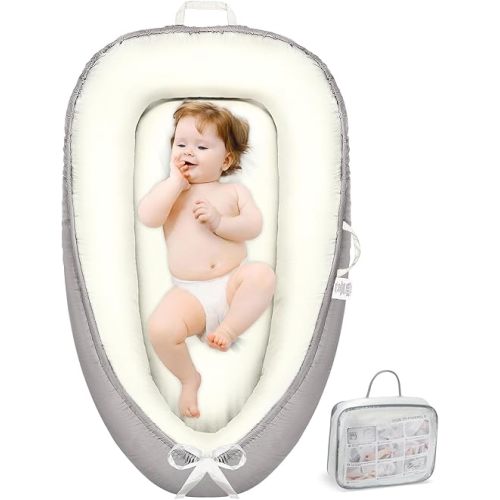 Baby Lounger - Infant Lounger for Newborn 0-24 Months, Pure Cotton Breathable Baby Nest Cover, Newborn Essentials for Baby Boys&Girls, Portable Baby Bed for Home and Travel,Beige
