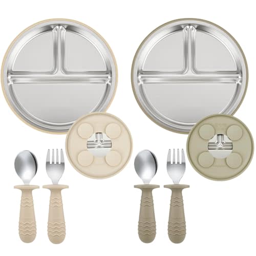 PandaEar 2 Pack Stainless Steel Baby Suction Plates & 2 Pack Spoons and Forks Set, Toddler Utensils Baby Feeding Set, Divided Plates for Baby Led Weaning Supplies, BPA-Free (Tan/Walnut)