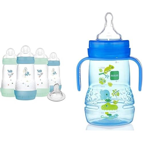 9 oz MAM Anti-Colic Baby Bottles, 4 Pack with Bonus Nipple and MAM Trainer Cup with Extra-Soft Spout for Boys 4+ Months