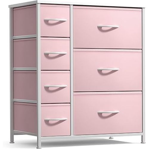 Sorbus Dresser with 7 Drawers - Furniture Storage Chest for Kid’s, Teens, Bedroom, Nursery, Playroom, Clothes, Toys - Steel Frame, Wood Top, Tie-dye Fabric Bins (7-Drawer, Pastel Pink)