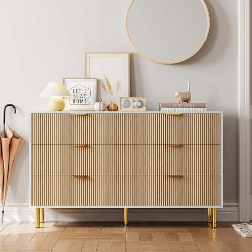 Rugerasy 6 Drawer Dresser,Modern Dresser for Bedroom with Gold Handle and Large Drawer,Wood Double Chest of Drawers and Storage Organizer for Living Room,Hallway,Entryway,White+Original Wood
