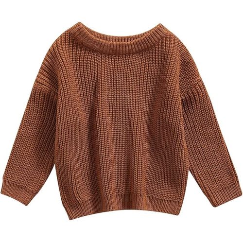 Baby Girl Boy Toddler Knit Sweater Cute Round Neck Long Sleeve Blouse Pullover Oversized Sweatshirt Warm Kids Tops - 0-3 Months - Brown Chestnut