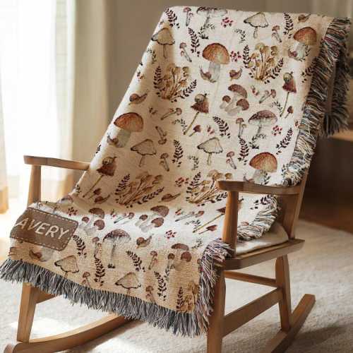 Mushroom Baby Blanket Personalized Forest Quilt Cottagecore Name Woven Blanket Woodland Vintage Kids Bedding Botanical Heirloom Baby Gift