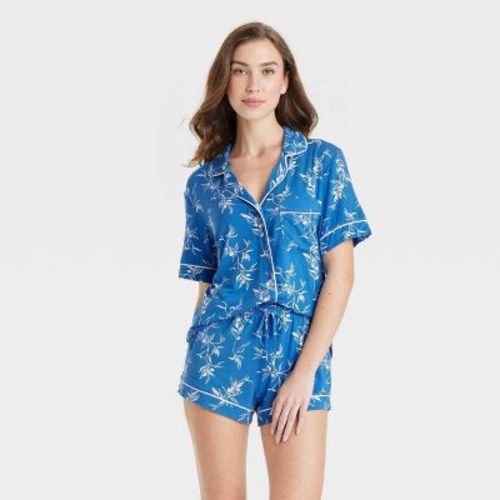 Women's Cloud Knit Short Sleeve Notch Collar Top And Shorts Pajama Set - Auden™ Navy Blue L: Modal Spandex Blend