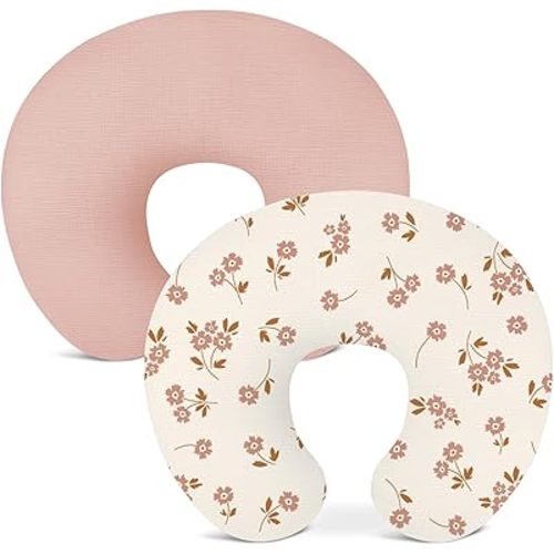 Nursing Pillow Covers 2 Pack, Muslin Nursing Cover for Breastfeeding Pillows, Comfortable for Baby Girls and Boys (Flower E & Pink)