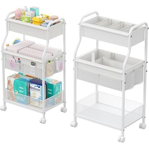 Diaper Caddy Organizer 3-Tier Rolling Cart, Metal Utility Cart with 4+2 Dividers & Lockable Silent Casters, Mobile Storage Cart for Nursery Essentials, Multi-Purpose for Kidsroom Changing Table