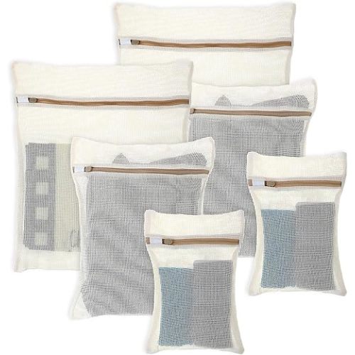 6 Pcs Laundry Bags Cotton Mesh Wash Bags Breathable Mesh Delicate Laundry Bag with Zipper, Travel Laundry Bag for Underwear, Delicates, Pants, Shoes, Socks, Bra Wash Bag for Washing Machine