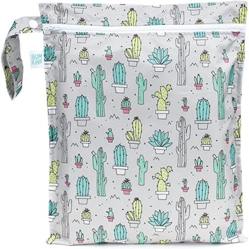 Bumkins Waterproof Wet Bag for Baby, Travel, Swim Suit, Cloth Diapers, Pump Parts, Pool, Gym Clothes, Toiletry, Strap to Stroller, Daycare, Zipper Reusable Bag, Wetdry Packing Pouch, Cactus Green