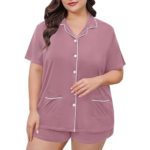 SWOMOG Women's Plus Size Pajamas Set Button Down Tops Short Sleeve Sleepwear Soft Pajama Shorts 2 Pcs Lounge Sets With Pocket