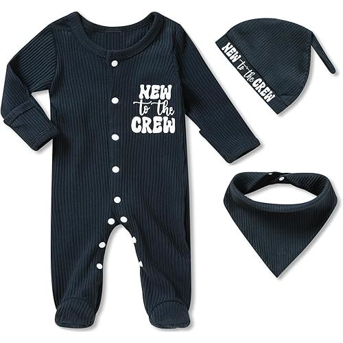 Newborn Infant Baby Boy Coming Homing Clothes Letter Print Button Knit Footed Romper Jumpsuit Hat Bibs 3pcs Outfit