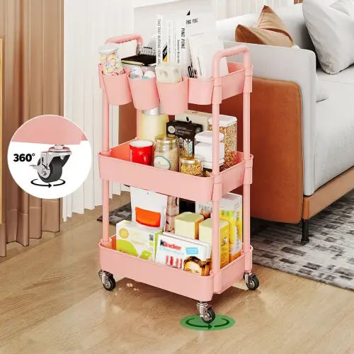 UDEAR 3-Tier Rolling Utility Cart,with 3 Hangable Cups Storage - TikTok Shop